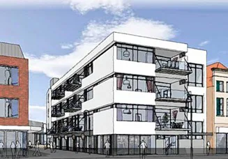 Artist impression van het pand waar de Spar City Store zich vestigt