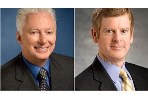 Uitgaande topman van Procter & Gamble Alan Lafley (links) en zijn opvolger David Taylor (rechts).