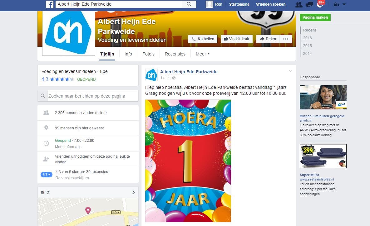 AH Parkwijk kondigde het jubileum vanochtend nog aan, het bericht op Facebook is verwijderd