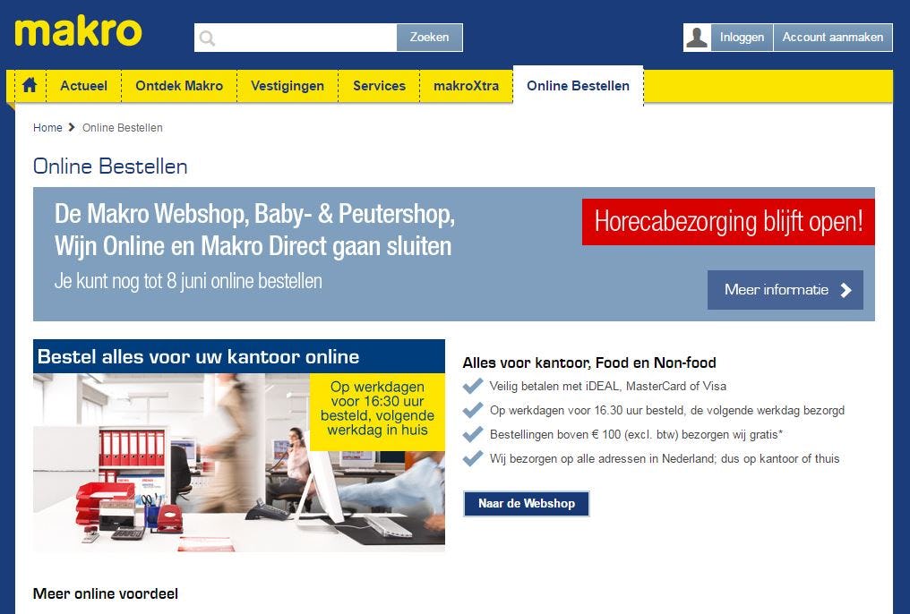 Makro kondigt op zijn website de sluiting van de webshops aan.