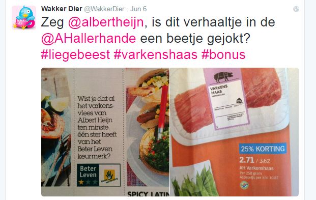 De tweet waarin Wakker Dier AH een liegebeest noemde en toch kiloknallers te promoten.