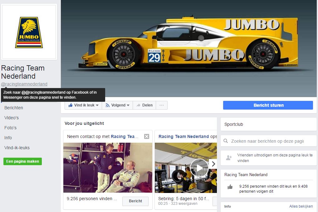 De Facebook-pagina van het Jumbo Racing Team Nederland 