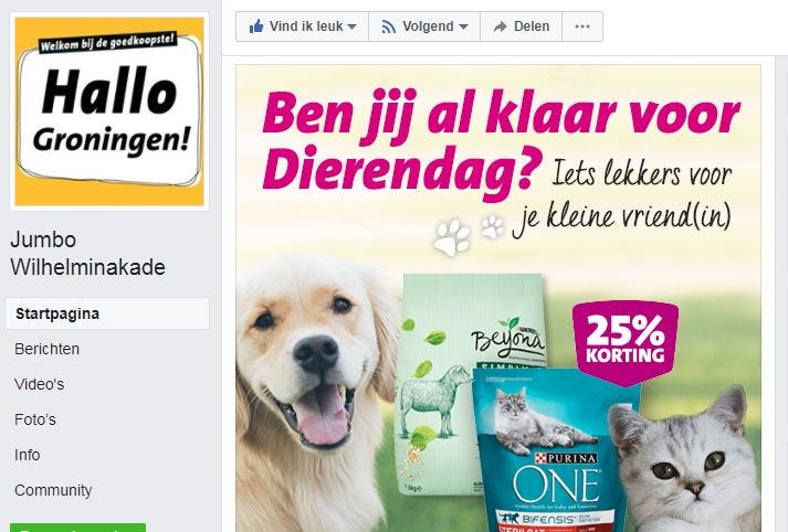 De overlast van de hangkatten weerhoudt de Jumbo er niet van om op zijn Facebookpagina reclame te maken voor dierendag.