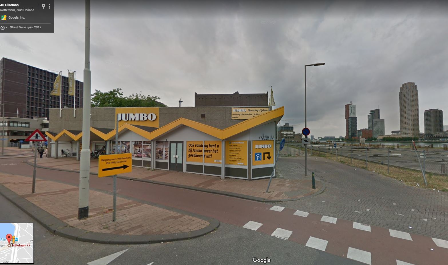 het Jumbo-filiaal Rijnhaven in Rotterdam maakt plaats voor een nieuw en groter filiaal. Foto: Google Streetview