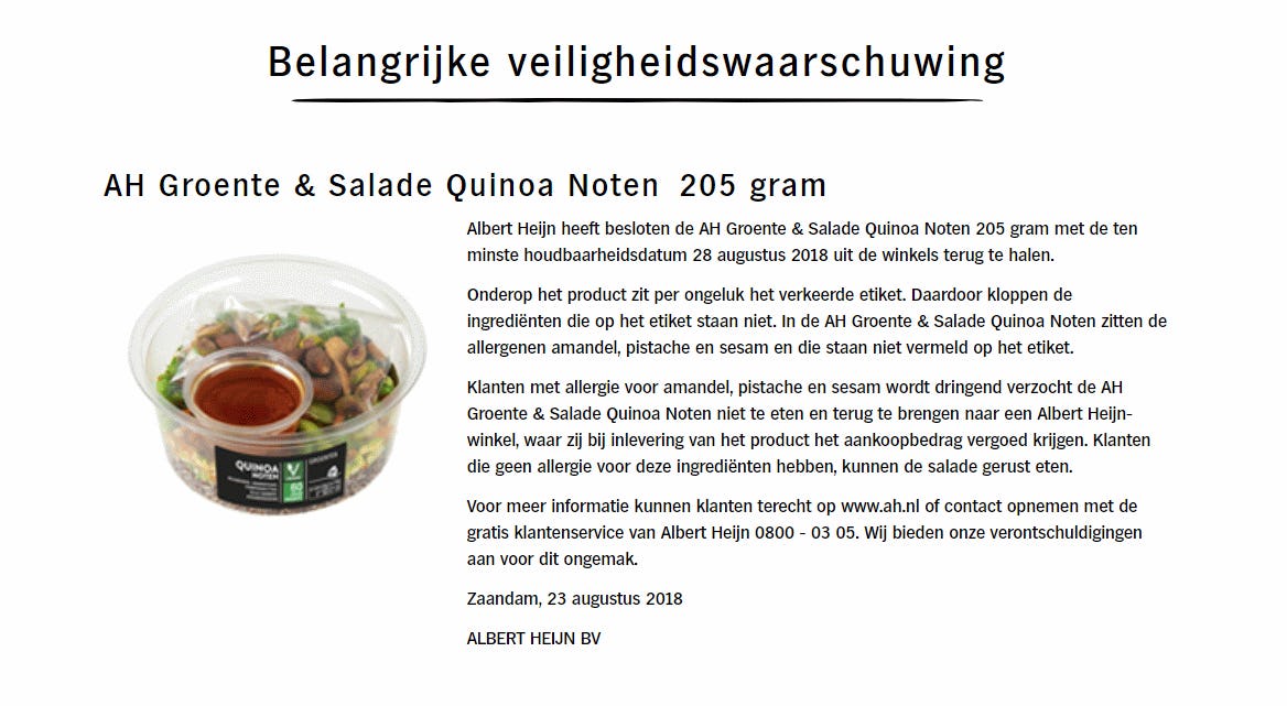 AH haalt salade uit winkel om fout etiket