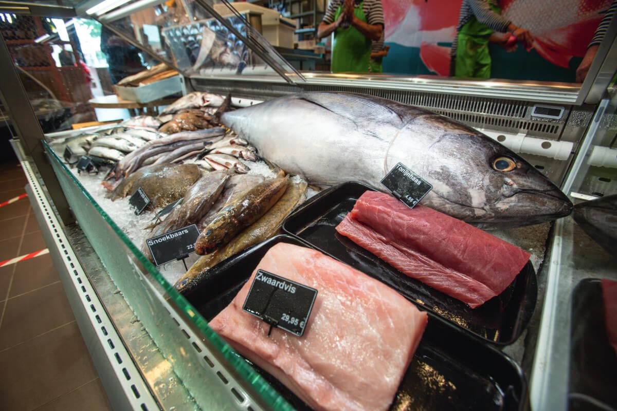 Een hele tonijn trekt aandacht in de rijk gevulde vitrine met verse vis.