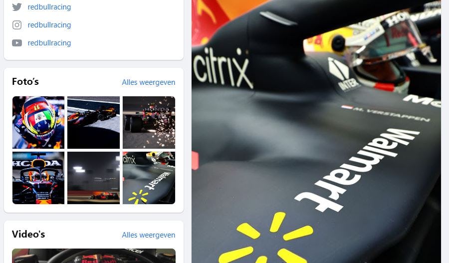 Het Amerikaanse Walmart is met ingang van dit seizoen sponsor van het team van Verstappen die zelf Jumbo als sponsor  heeft. Foto: Facebook/Red Bull. 