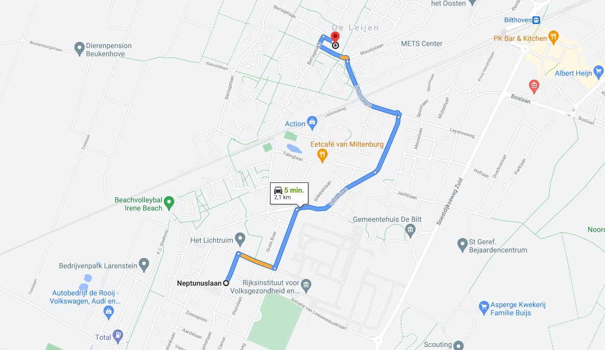 De nieuwe Jumbo in Bilthoven ligt op circa 2 kilometer van de Plus van Gert Smit. Bron: Google Maps