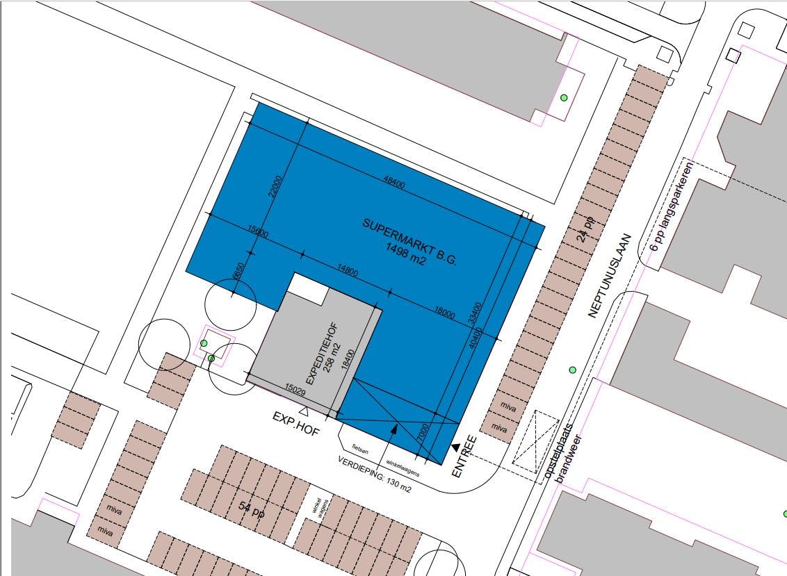 De garagebox (wit rechthoekje) krijgt een plekje in het Expeditiehof (grijs). Met een eigen sleutel kan Smit altijd bij de box. Tekening: Lunee Vastgoed