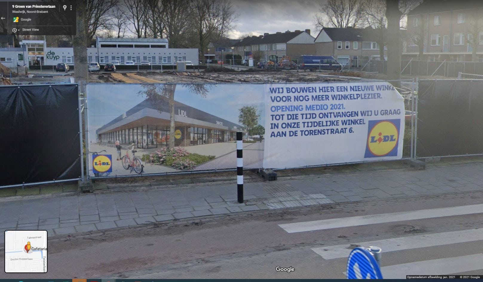 Op de artist impression bij de bouwplaats van de nieuwe Lidl in Waalwijk  zijn ook andere winkels ingetekend. Foto: Google  Streetview.