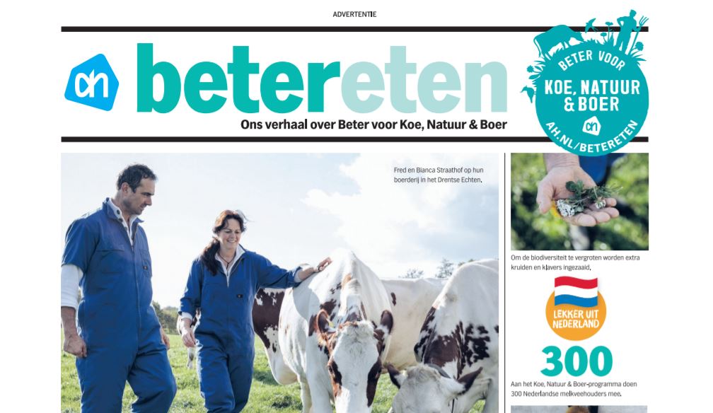 Deel van de AH-advertentie over klimaatneutrale melk. Bron: Stichting Even Geen Vlees