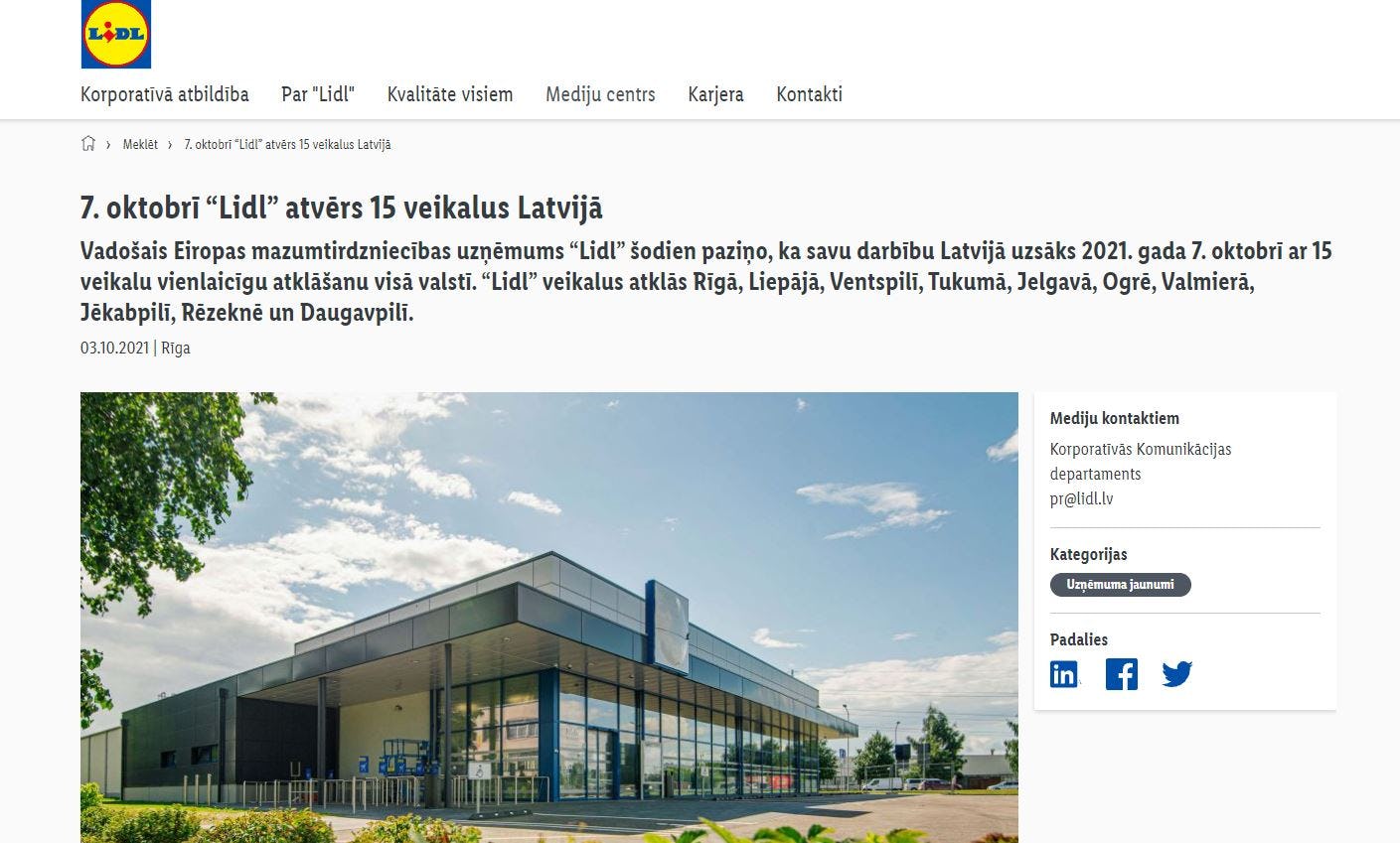 De aankondiging op de website van Lidl in Letland.