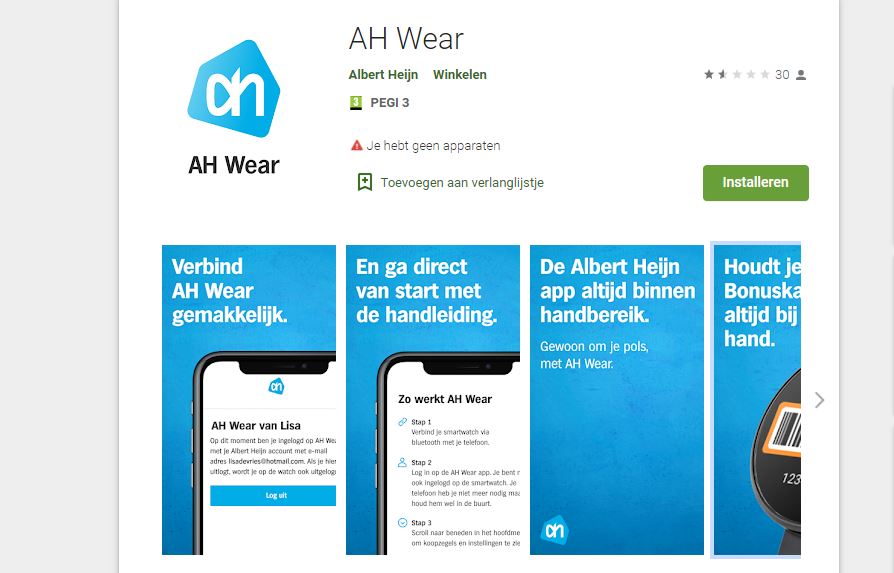 De AH Wear-app in de Android Playstore.