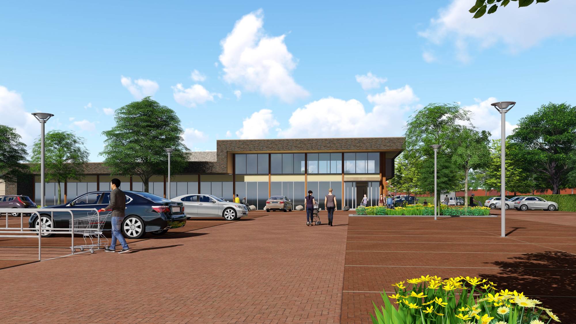 Een artist impression van de nieuw te bouwen supermarkt. Bron: Website Bun.
