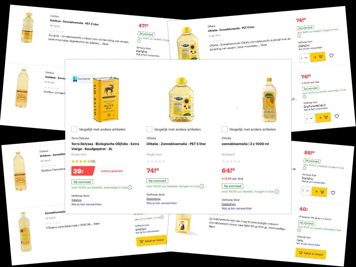 Woekerprijzen voor zonnebloemolie op Bol.com