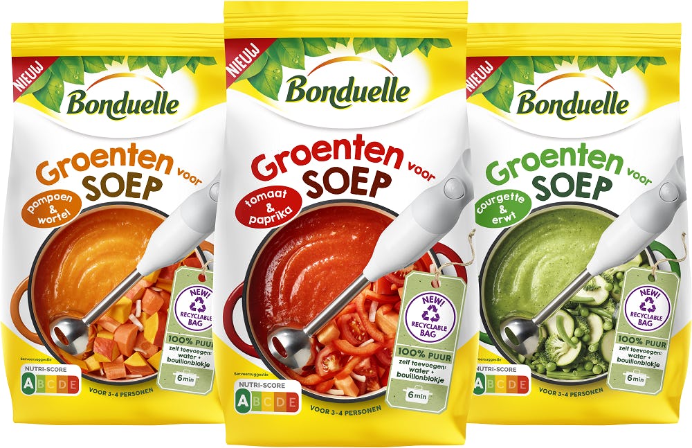 Groenten voor Soep is verkrijgbaar in drie varianten: pompoen & wortel, tomaat & paprika en courgette & erwt.