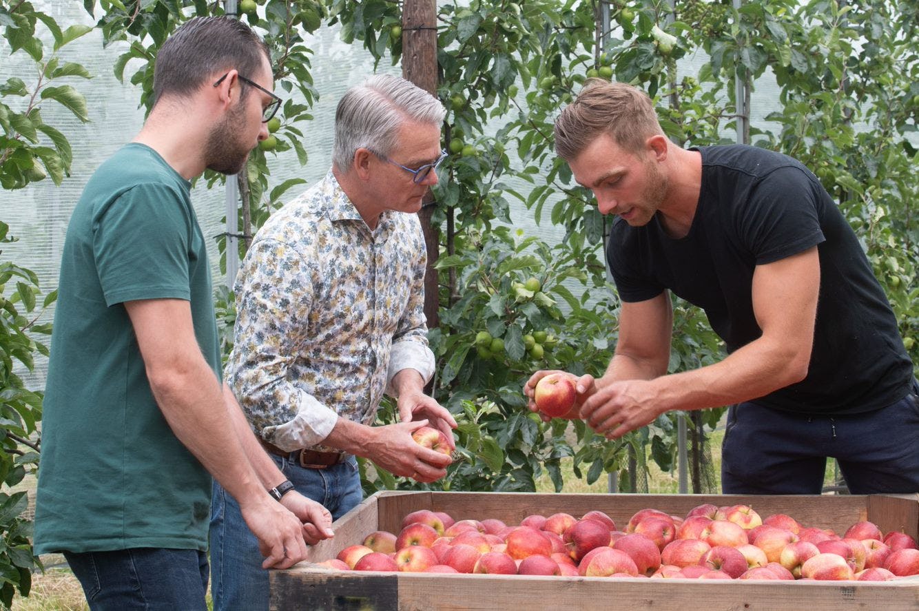 	Teler Jeroen Cruijsen (rechts) vertelt over de kwaliteit van de appels aan de Managers (links) Foto: AH