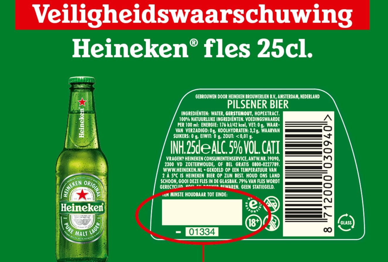 Heineken waarschuwt voor glasschilfers in bierflesjes