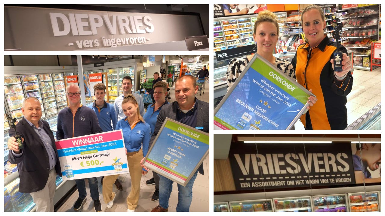 Albert Heijn Gorredijk (links) en Coop Brouwer (rechts) waren vorig jaar de winnaars van de winkelwedstrijd van het VriesVers Platform. Foto's: Distrifood