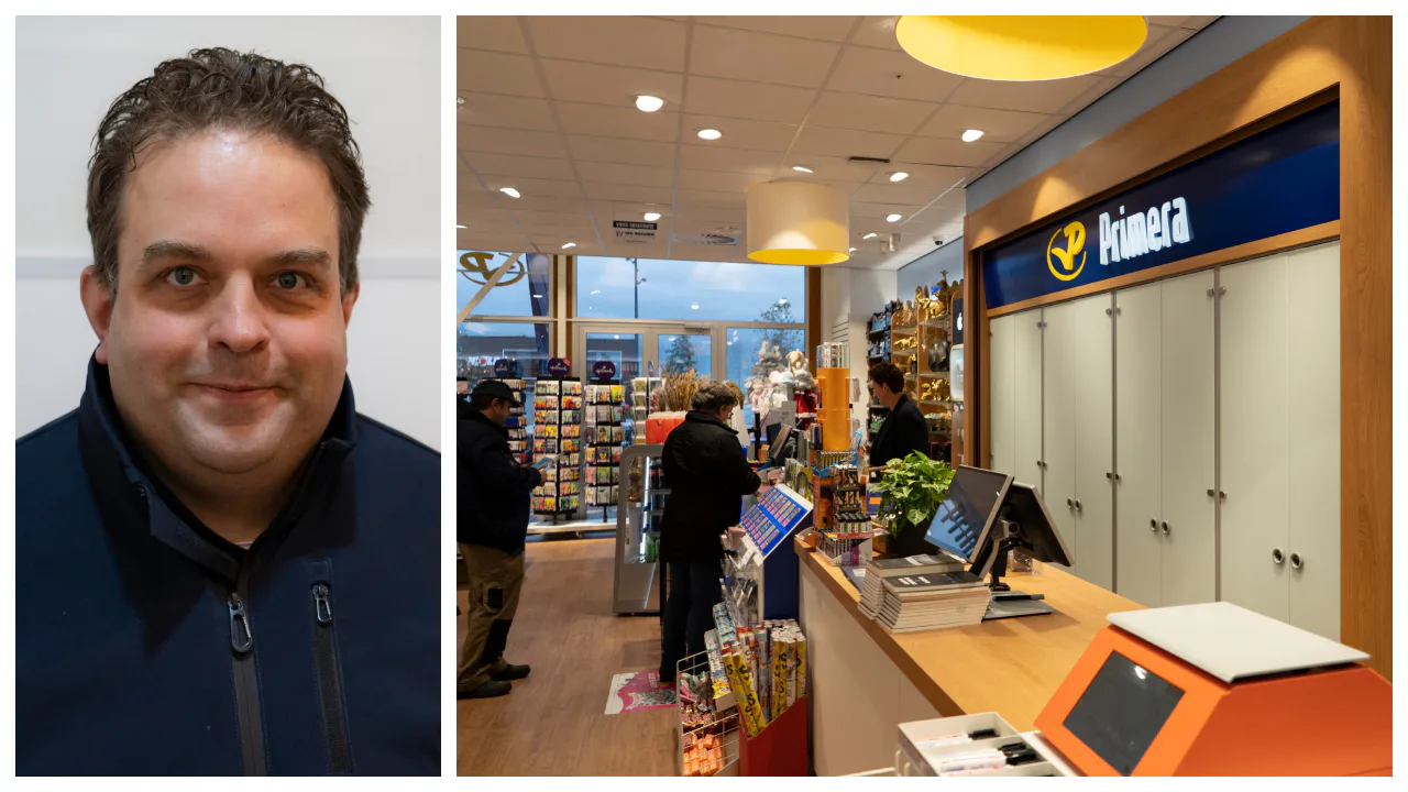 Coop-ondernemer Tim Veldhuis en een van zijn Primera-winkels. Foto: Distrifood