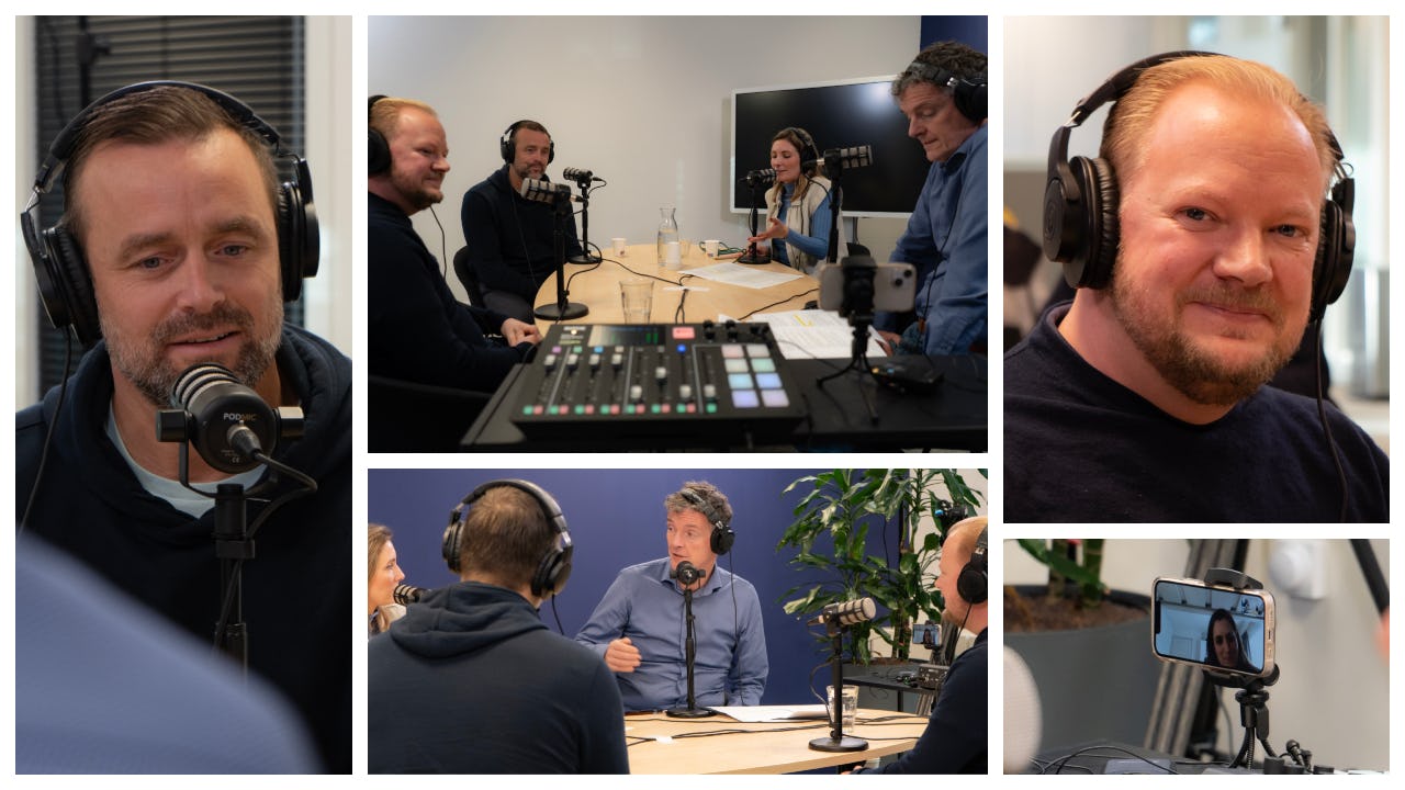 Hannes Bernoski van Imperial Brands (links), Merijn Brouwer van Mignot & De Block (rechtsboven) en Eva te Riele van Aldipress (rechtsonder) aan tafel bij host Annemarie Brüning en hoofdredacteur Peter Garstenveld (midden rechtsboven). Foto's: Jan Willem Stad