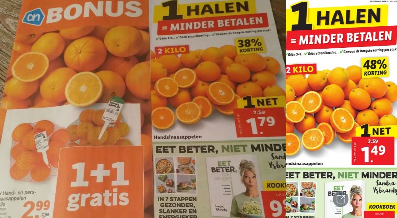 De Bonusfolder van AH en de folder van Lidl met de 'oude' en aangepaste 'nieuwe' aanbieding.