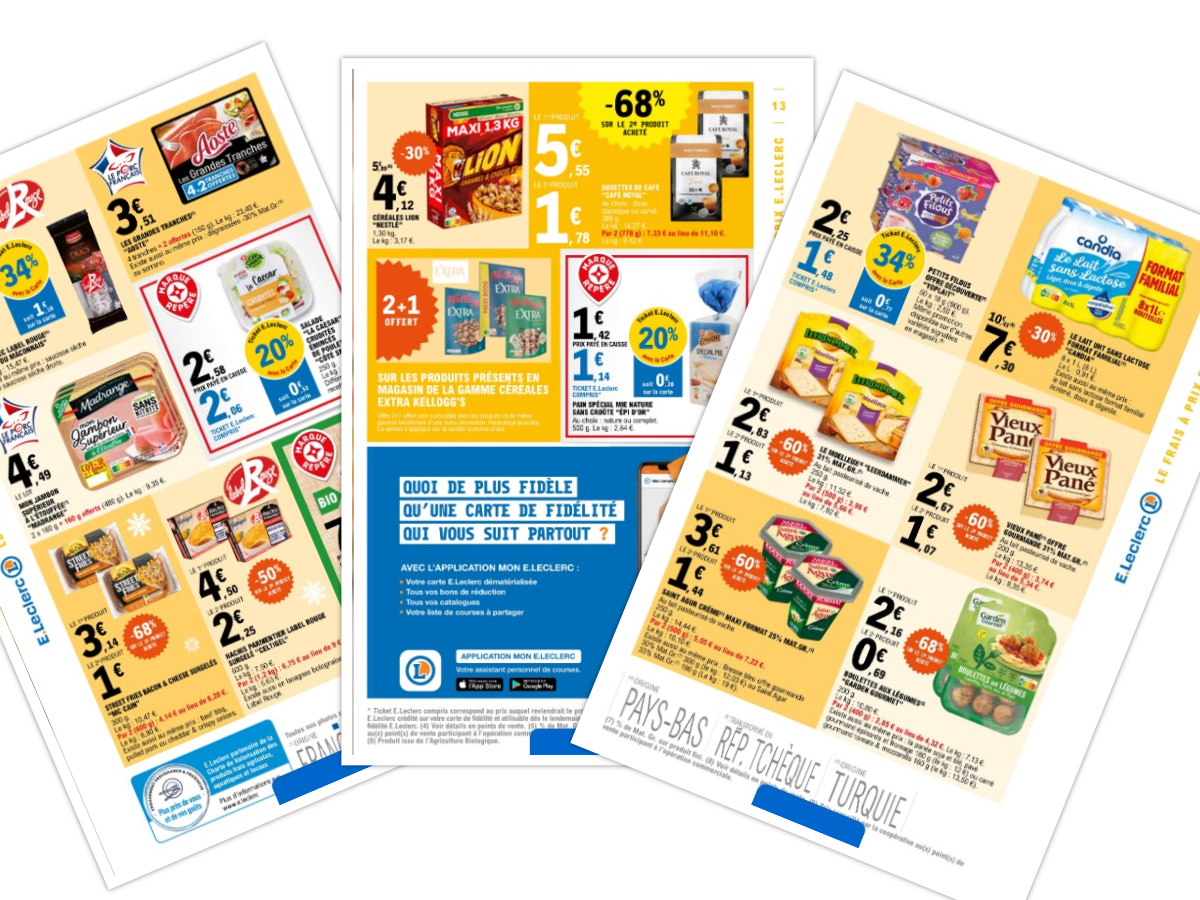 LeClerc zet overal prominent in de folder 'wij vechten voor lage prijzen' Collage: Distrifood