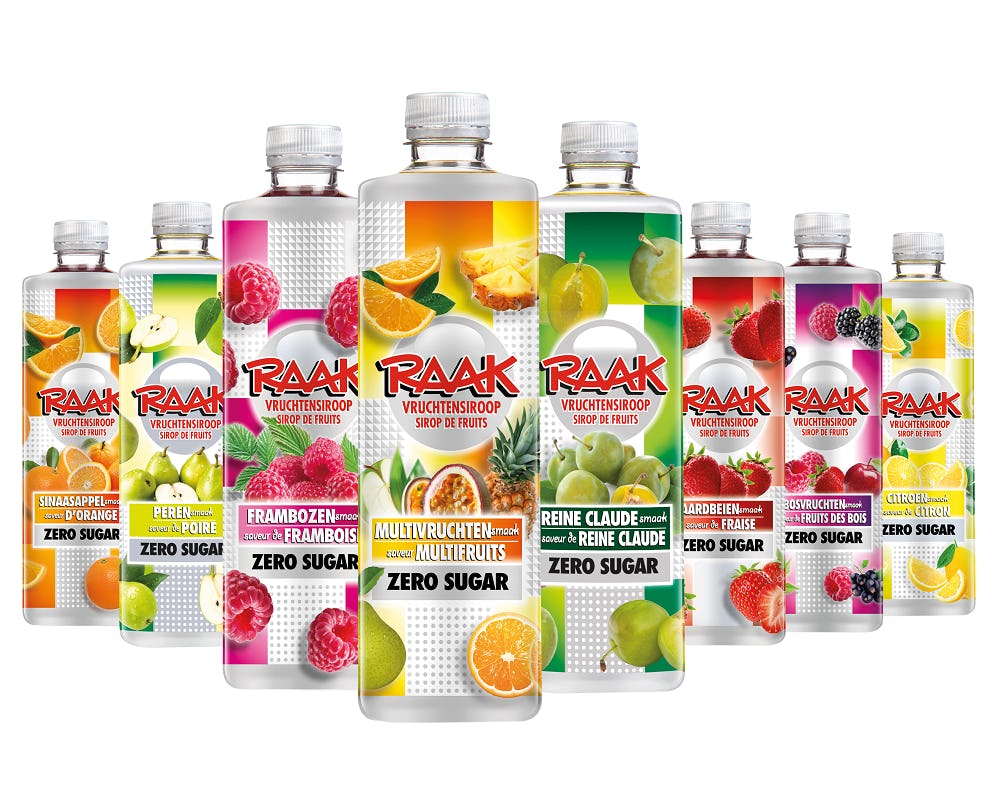 RAAK Zero Sugar siroop is verkrijgbaar in acht verschillende smaken.