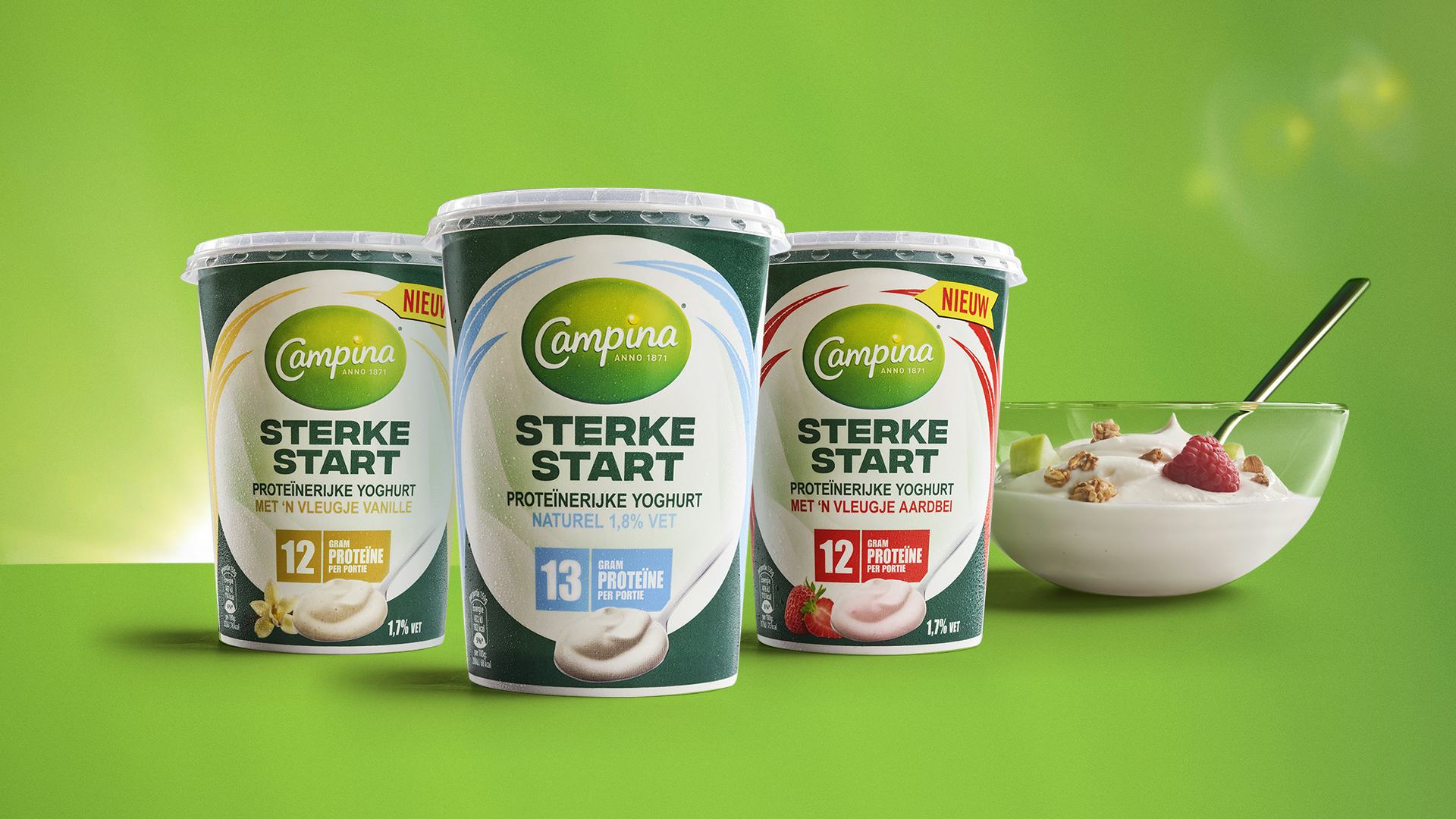 Friesland Campina komt met een vanille en aardbei variant van Sterke Start yoghurt.