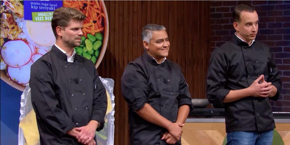 Archieffoto Rick Hageman, Serdar Tolenaar en Henk Brussaard tijdens hun pitch in tv-programma Dragon's Den. Foto: Mama's Maaltijden