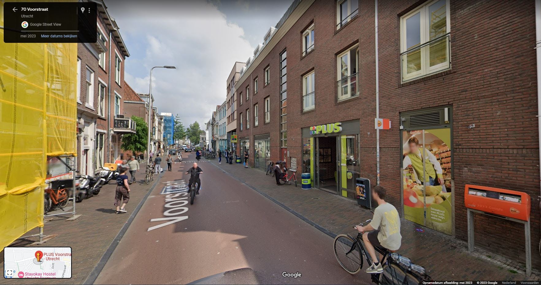 Het filiaal van Plus aan de Voorstraat In Utrecht sloot definitief zijn deuren. Foto: Google Streetview.
