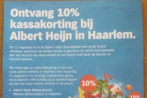 Albert Heijn geeft 10 procent korting na brand in Haarlem