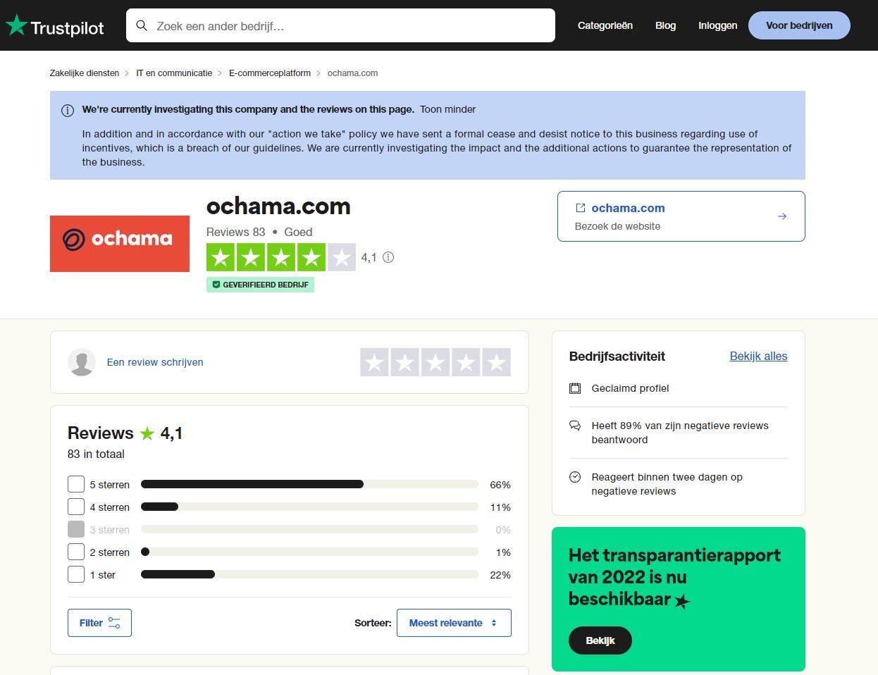 Trustpilot plaatste een waarschuwing op de site over Ochama. 