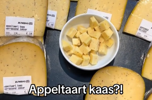 Appeltaartkaas bij Jumbo Foodmarkt in Amsterdam. Foto: videostill via TikTok Kelly Camfferman
