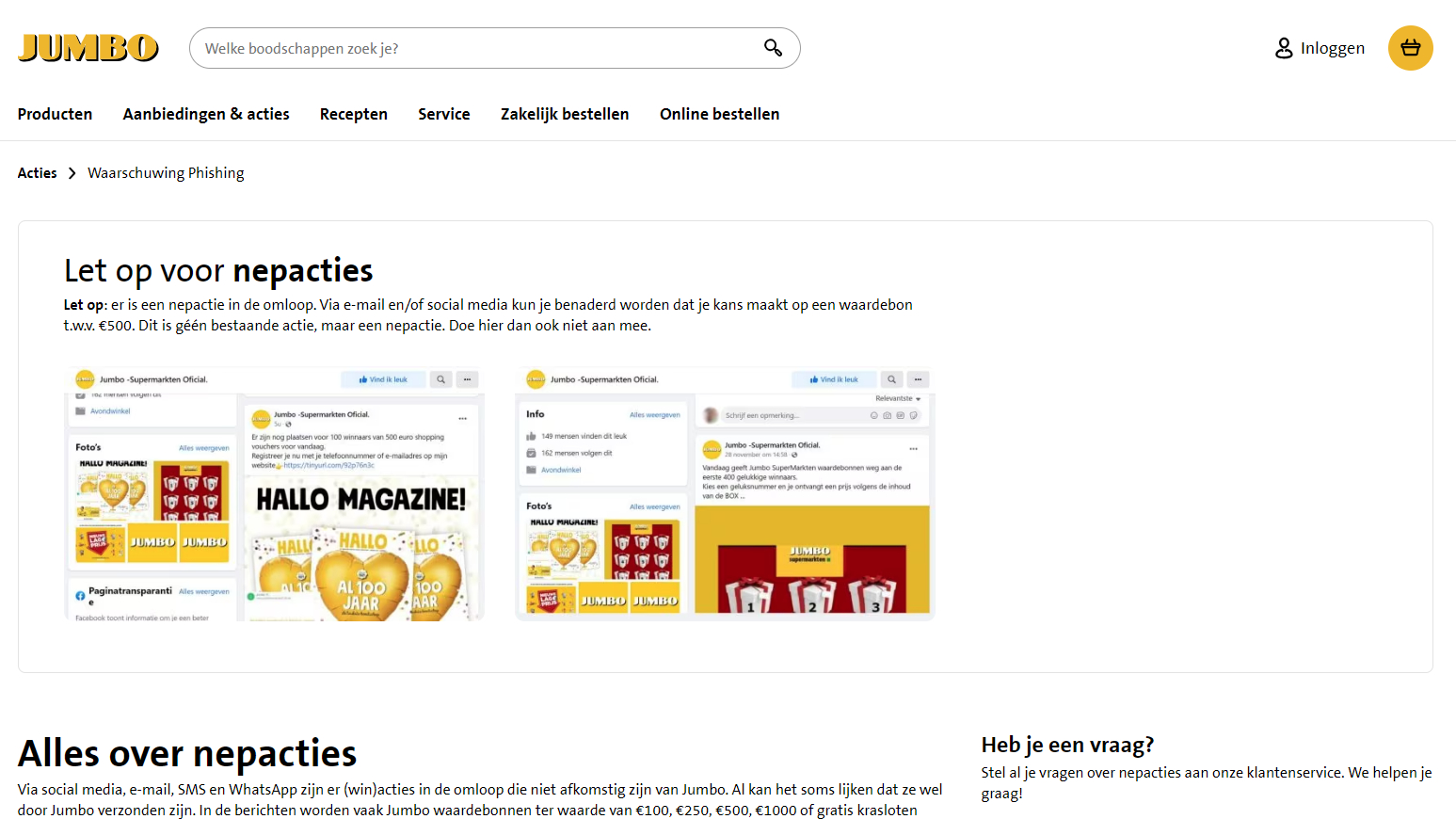 Jumbo waarschuwt op de website voor nepacties. Foto: website Jumbo