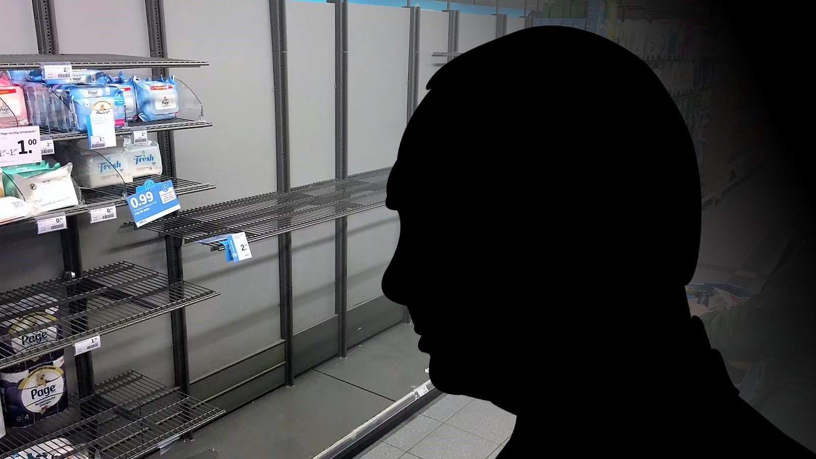 Silhouet van Vladimir Poetin met op de achtergrond lege schappen in een Nederlandse supermarkt. Foto: Distrifood / Shutterstock