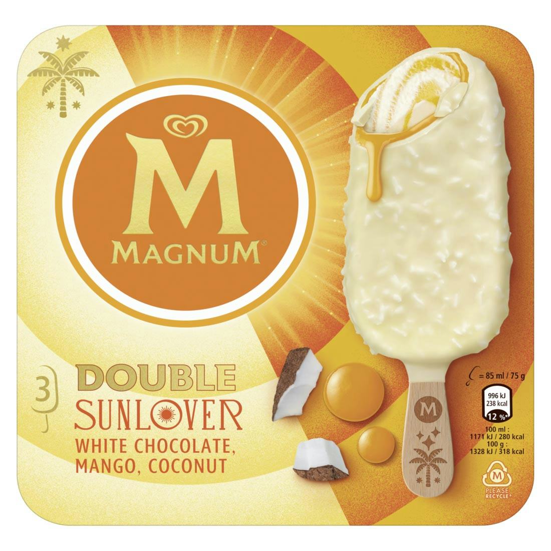 Magnum Double Sunlover is ijs met kokossmaak en mango- en passievruchtsmaak, met een mango-passievruchtsaus, witte chocolade en kokosvlokken. 