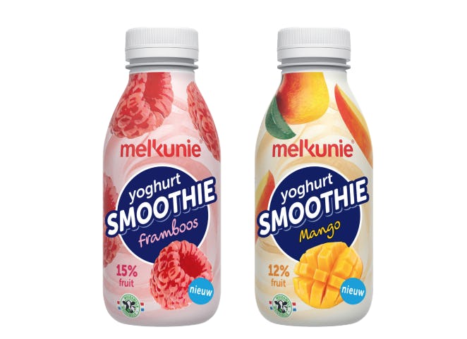 De nieuwe Melkunie Yoghurt Smoothies zijn er in de smaken framboos en mango.