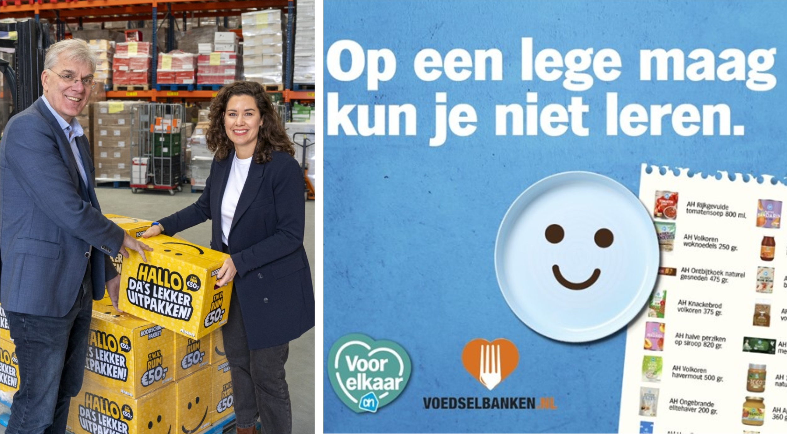 Afbeeldingen van de acties van Jumbo (links) en Albert Heijn (rechts) voor Voedselbanken Nederland. Foto's: Jumbo en Albert Heijn