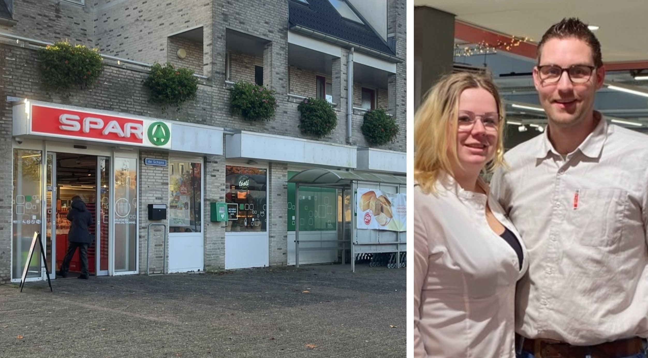 Tim van Dulmen en zijn vrouw Michelle in Spar Zaltbommel. Foto's: Distrifood en LinkedIn