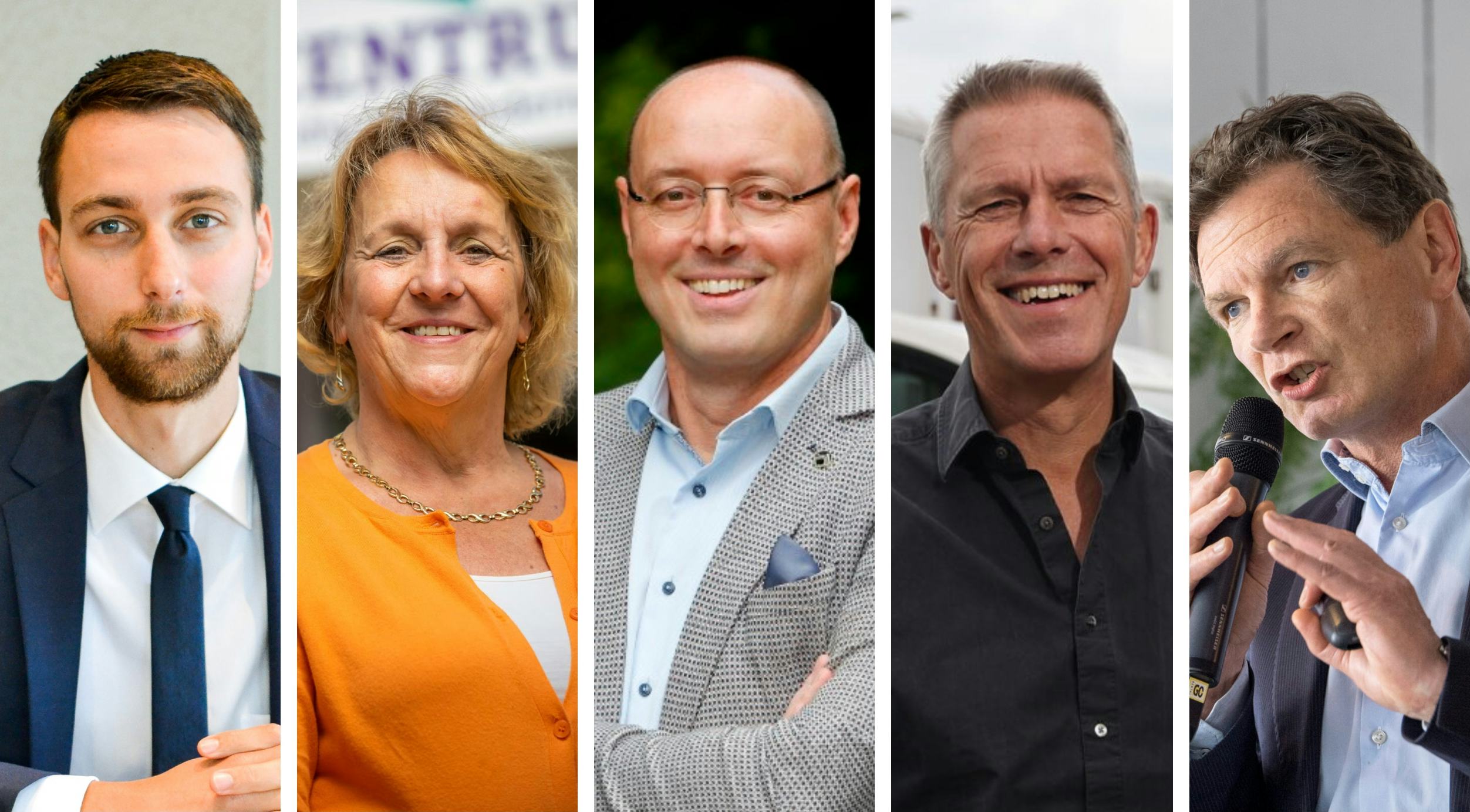 Joeri van Rens van Marshoek, Patricia Hoogstraaten van het Vakcentrum, Laurens Sloot van EFMI Business School, Michiel Muller van Picnic en Dirk Mulder van ING. Collage: Distrifood