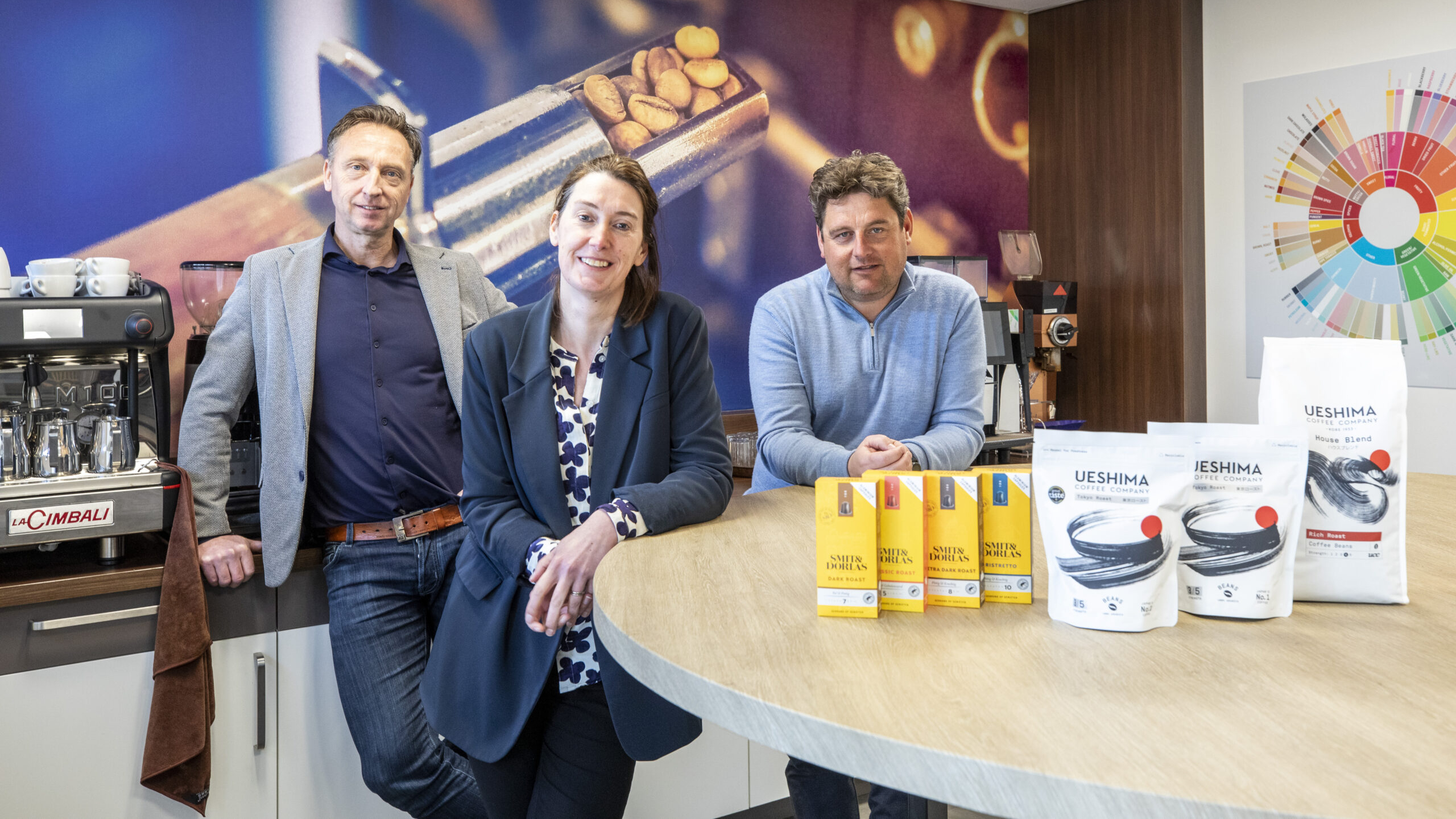 Arnoud Guitoneau, head of sales retail, Simone Jansen, category en insights manager en Mark Duursma, marketing manager bij UCC Coffee. Foto: Anne van der Woude