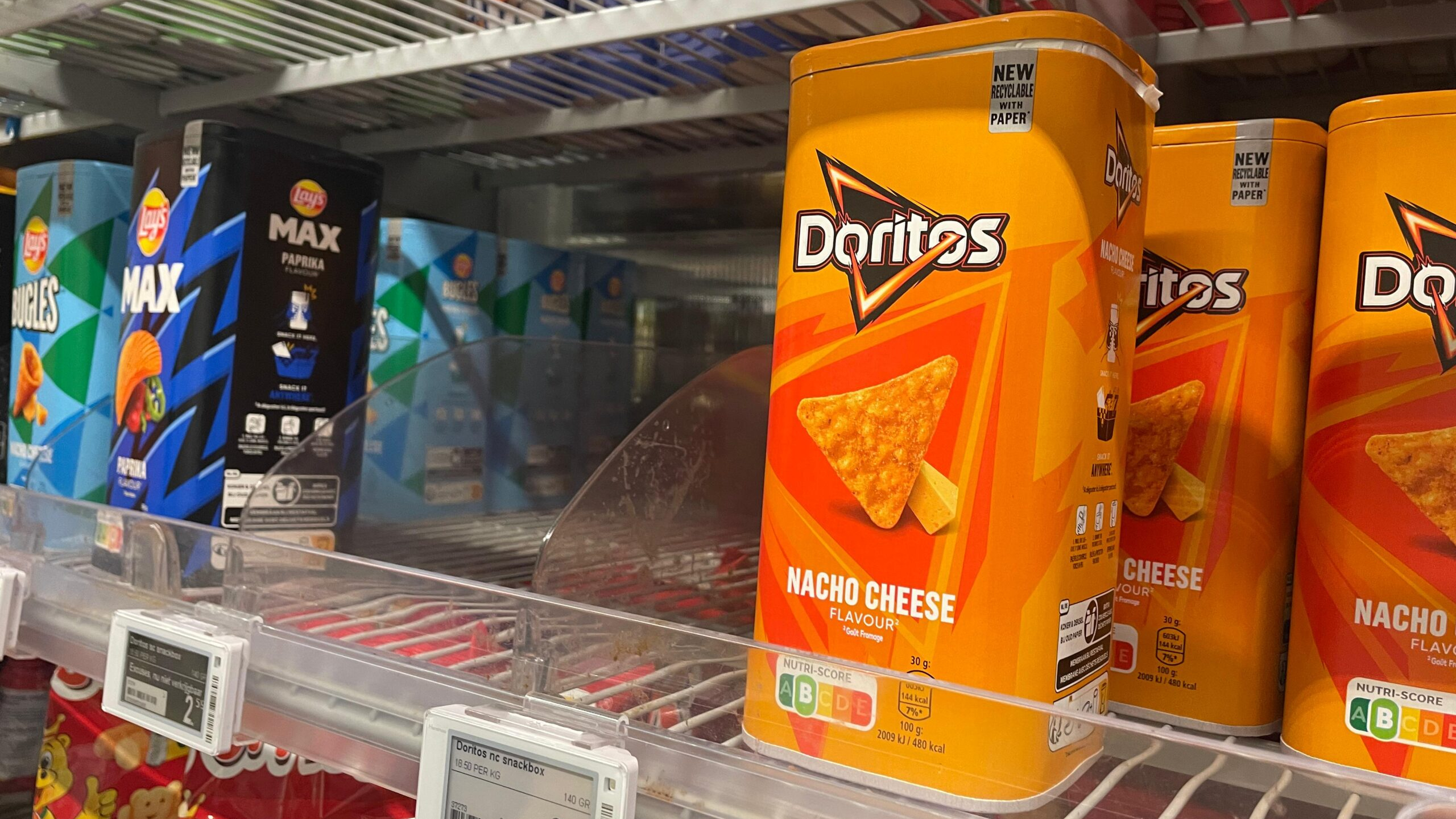 Doritos in doos. De nieuwe verpakking van Lay's en Doritos. Foto: Distrifood