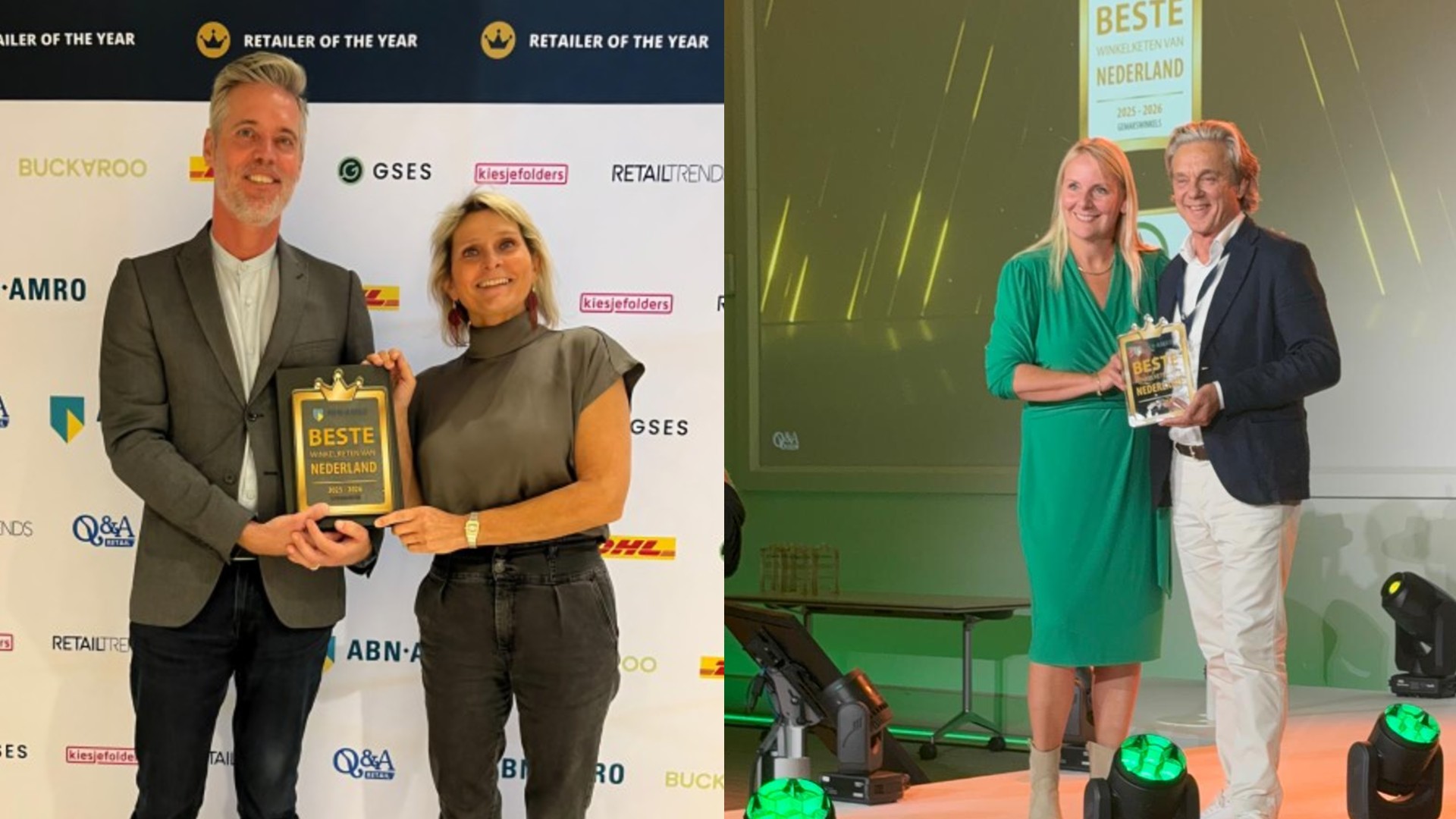 Afgevaardigden van Lidl (l) en Spar (r) met een award tijdens de verkiezing ABN Amro Retailer of the Year. Foto: Lidl, Spar