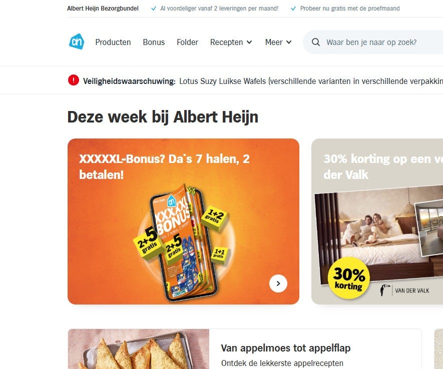 2+5 gratis-aanbieding van Albert Heijn. Afbeeldingen website Albert Heijn België