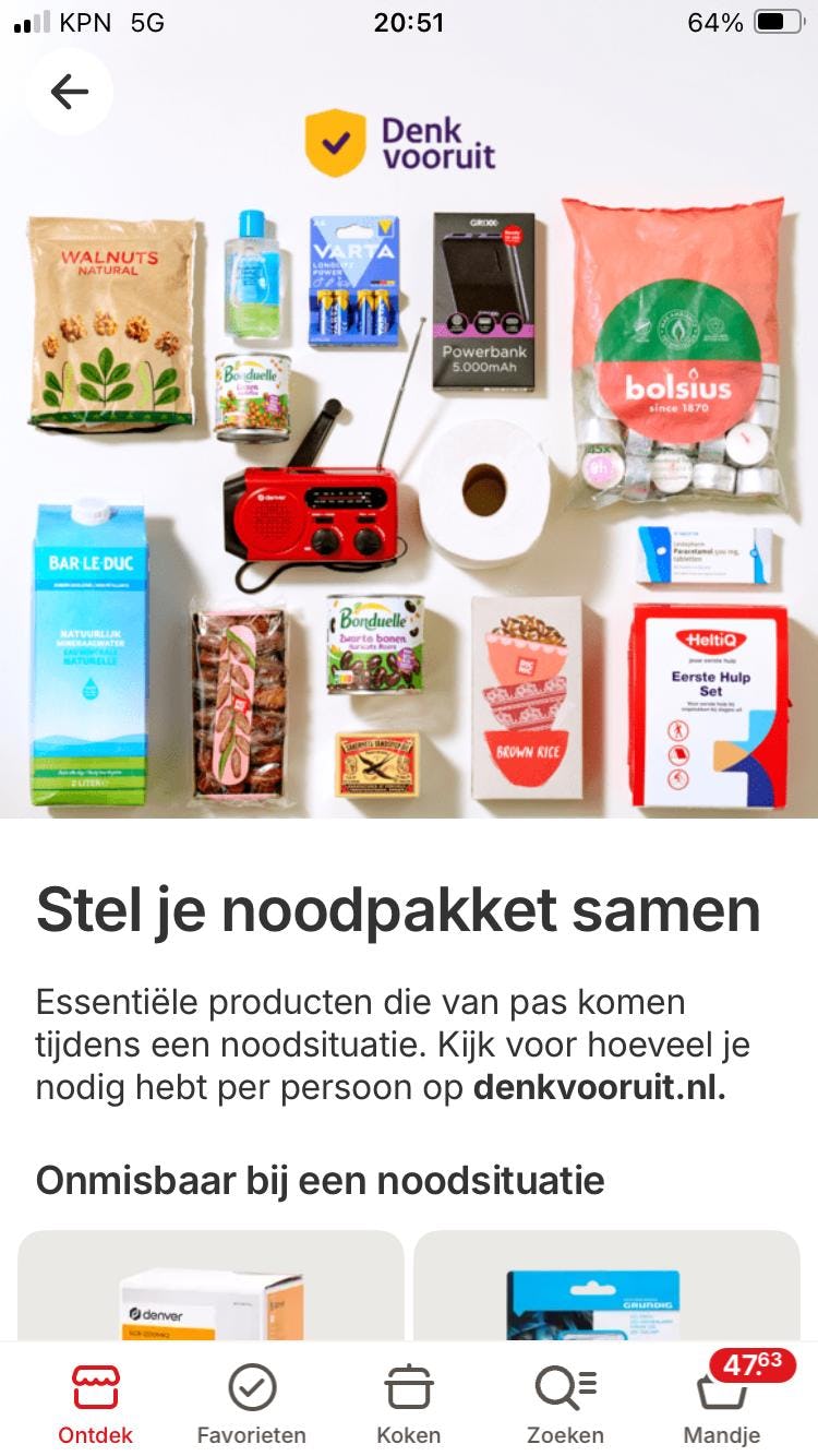 Het noodpakket in de app van Picnic. Afbeelding: Picnic