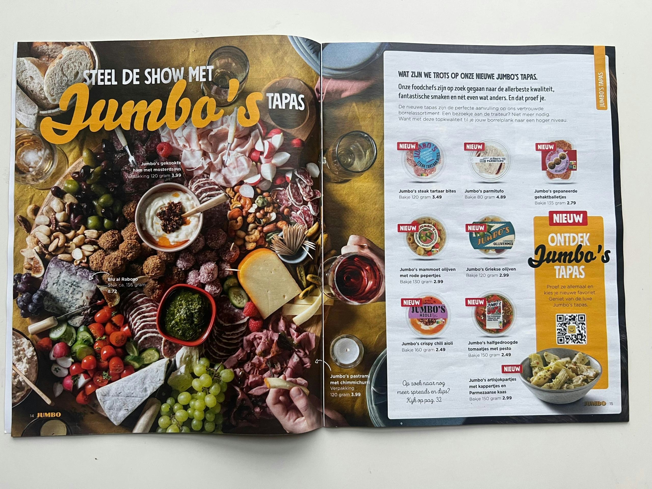 Jumbo introduceert zijn nieuwe tapas in het magazine 'Borreltijd'. Foto: Distrifood