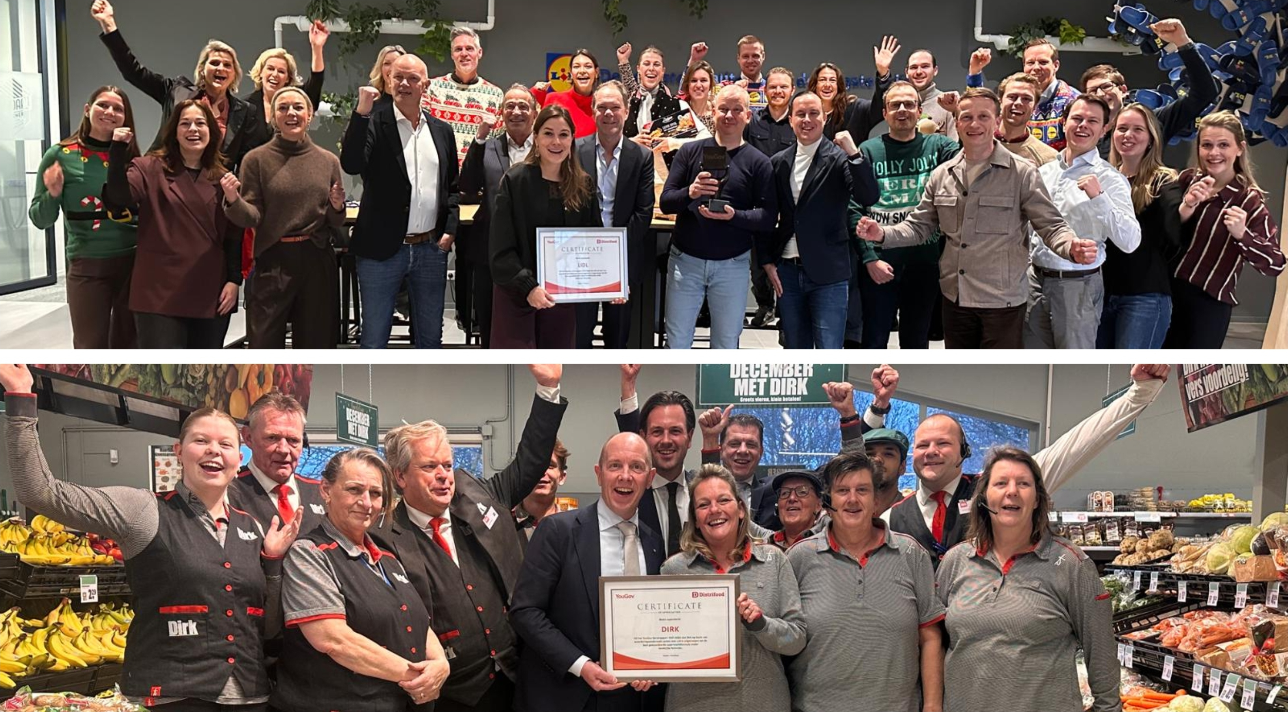 Winnaars van het Kerstrapport 2025 Lidl en Dirk. Foto's: Distrifood