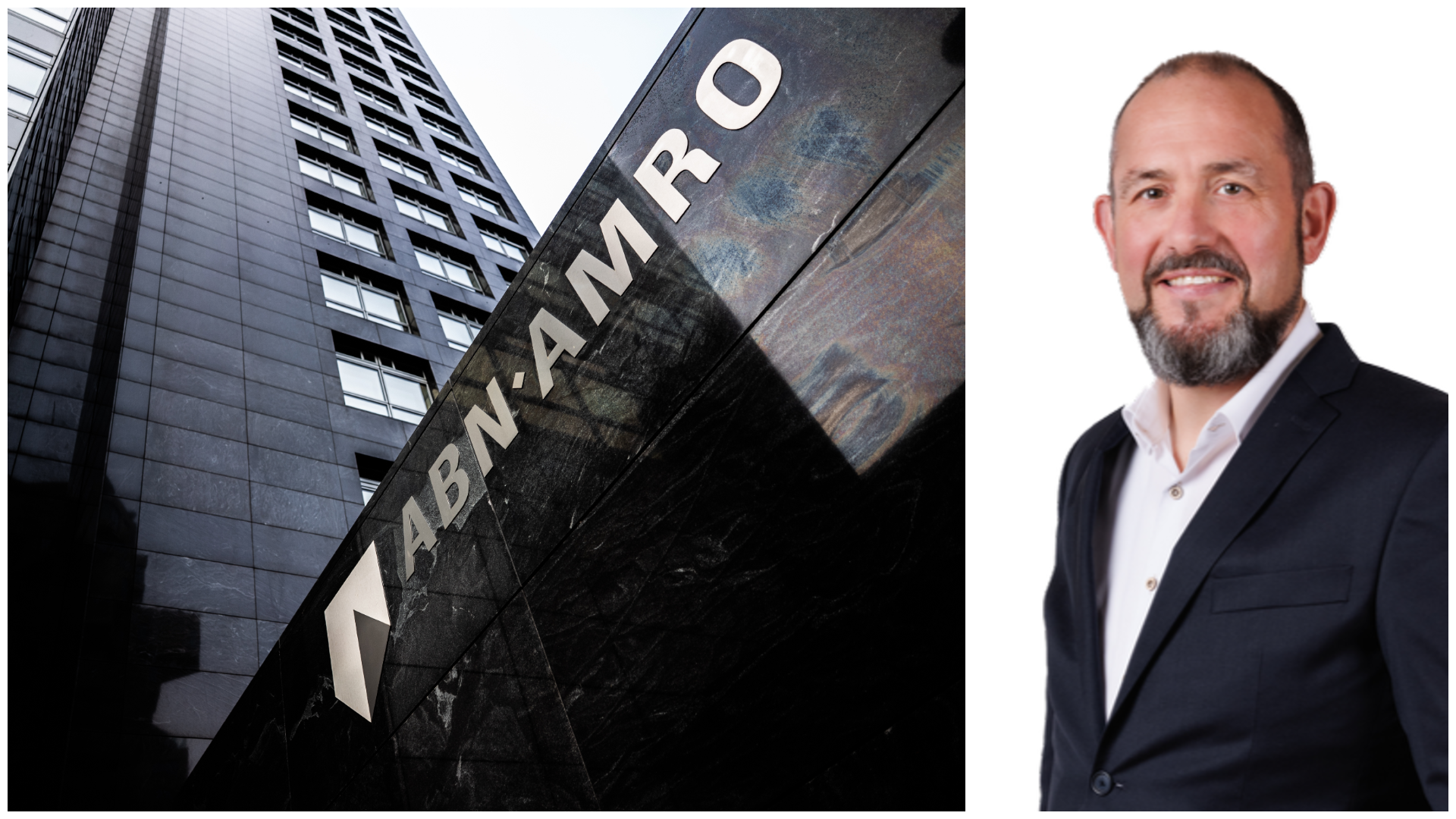 Hoofdkantoor ABN Amro in Amsterdam met retailspecialist Henk Hofstede. Collage Distrifood: ANP & ABN Amro