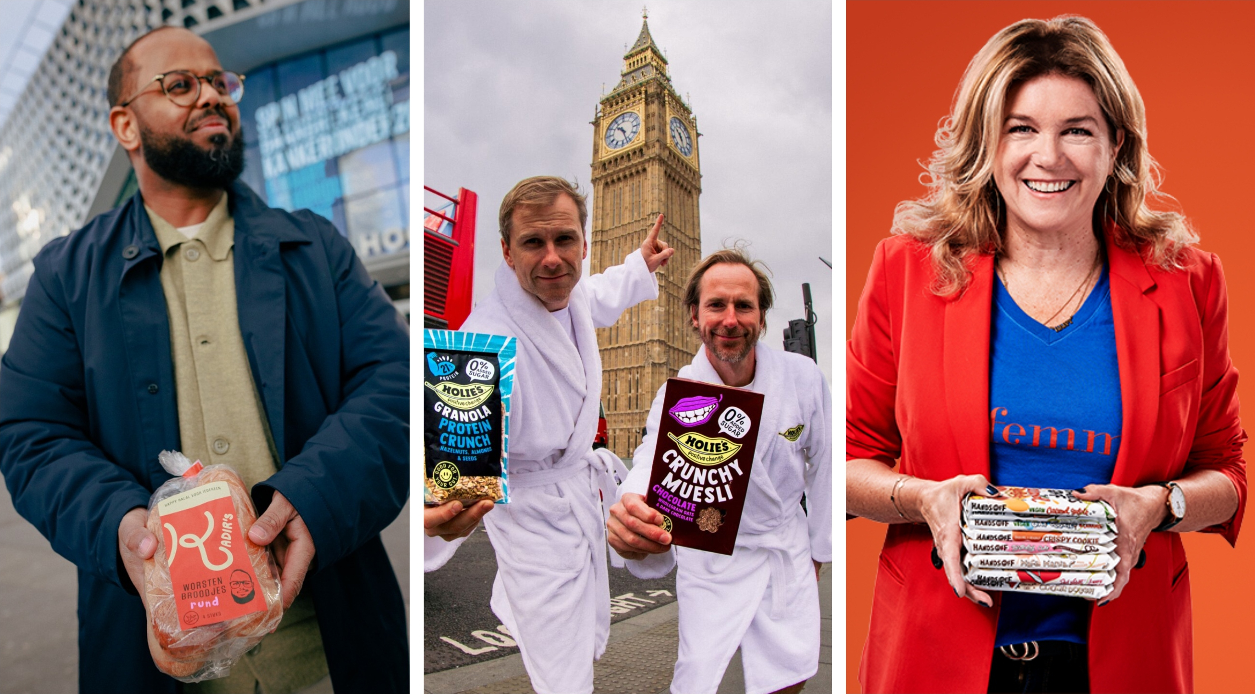 Van links naar rechts: Kadir Ahmed, oprichter van Kadir's; Merick Schoute en Valentijn van Santvoort, oprichters van Holie's en Kitty Smeeten, oprichter van Hands Off. Foto's: Kadir's, Holie's en Hands Off